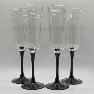 Set Of 4 Arcoroc Luminarc France Black Stem Octime paneled champagne flûte